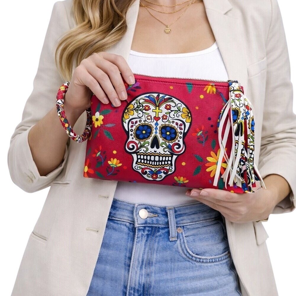 *NWOT* Sugar Skull Wristlet Clutch‎ Women Red Day of the Dead Tassel Bag